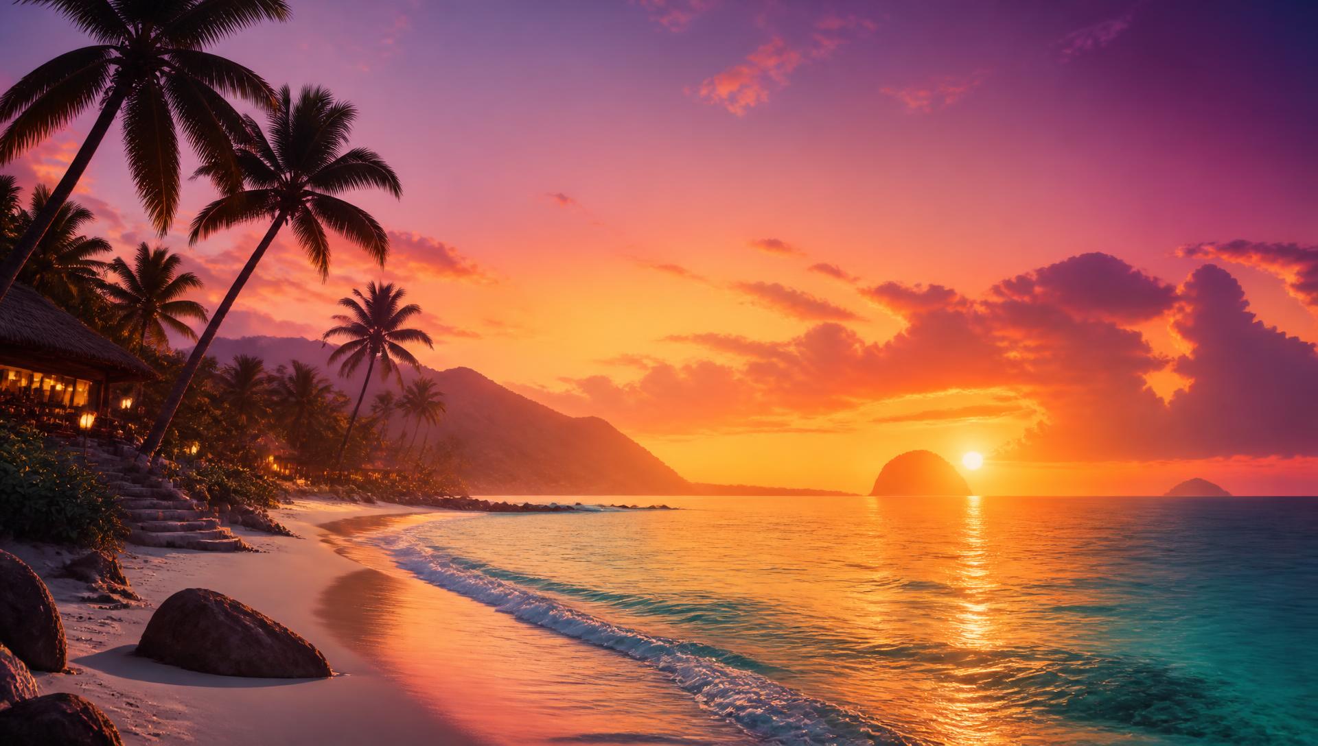 Tropical shoreline at sunset, the visual mood of MiraiMind AI