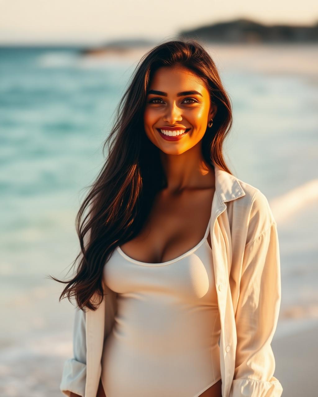 Aria, a MiraiMind AI girlfriend, on a golden hour beach